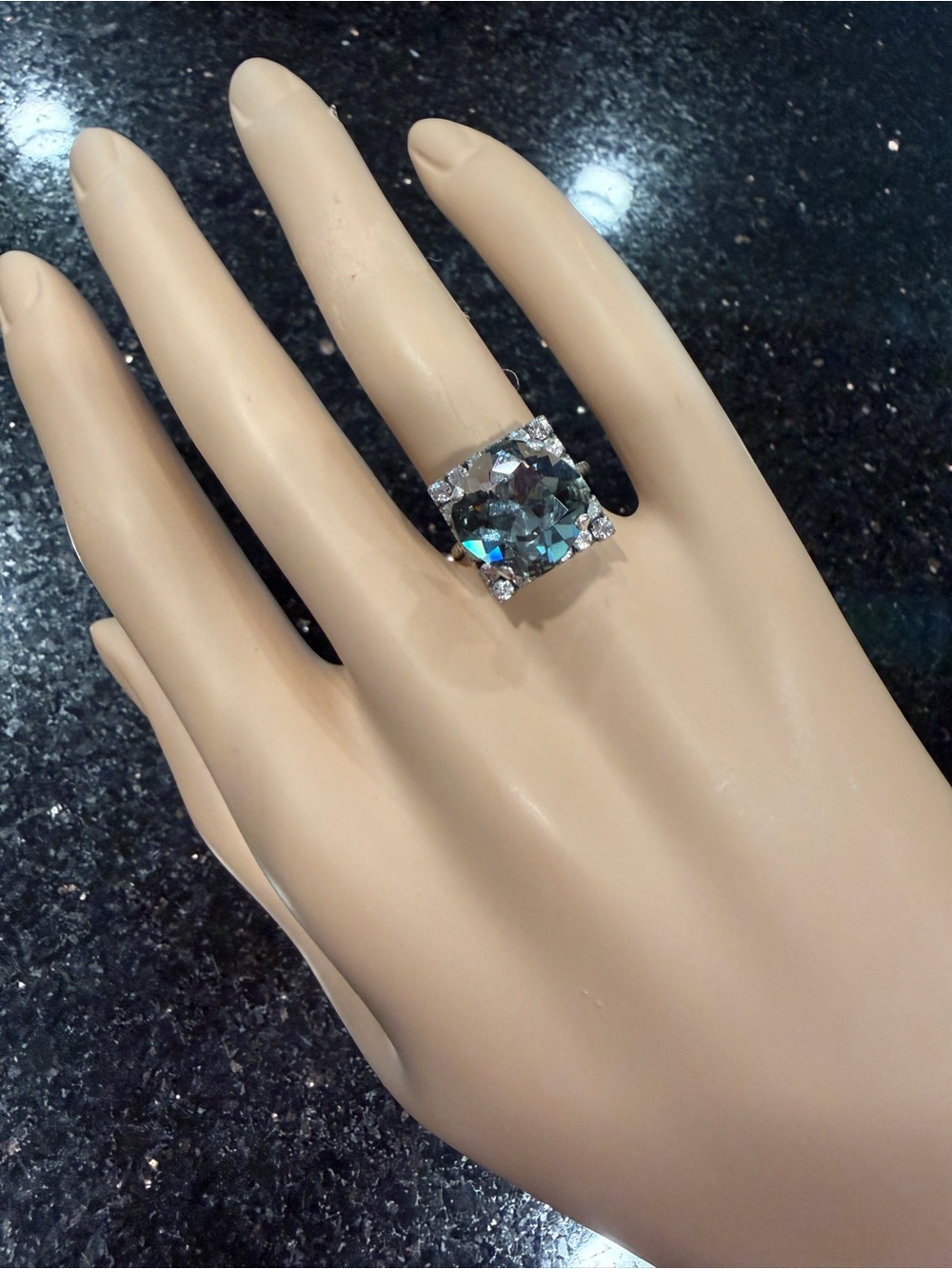 Crystal Square Halo Cocktail Ring - Silver Tone - Swarovski Center Stone - Picture 4 of 6